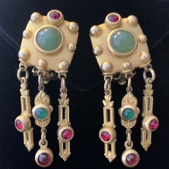Vintage Natasha Stambouli Gemstone Matte Gold Plated Dangle Clip On Earrings - Picture 2 of 6